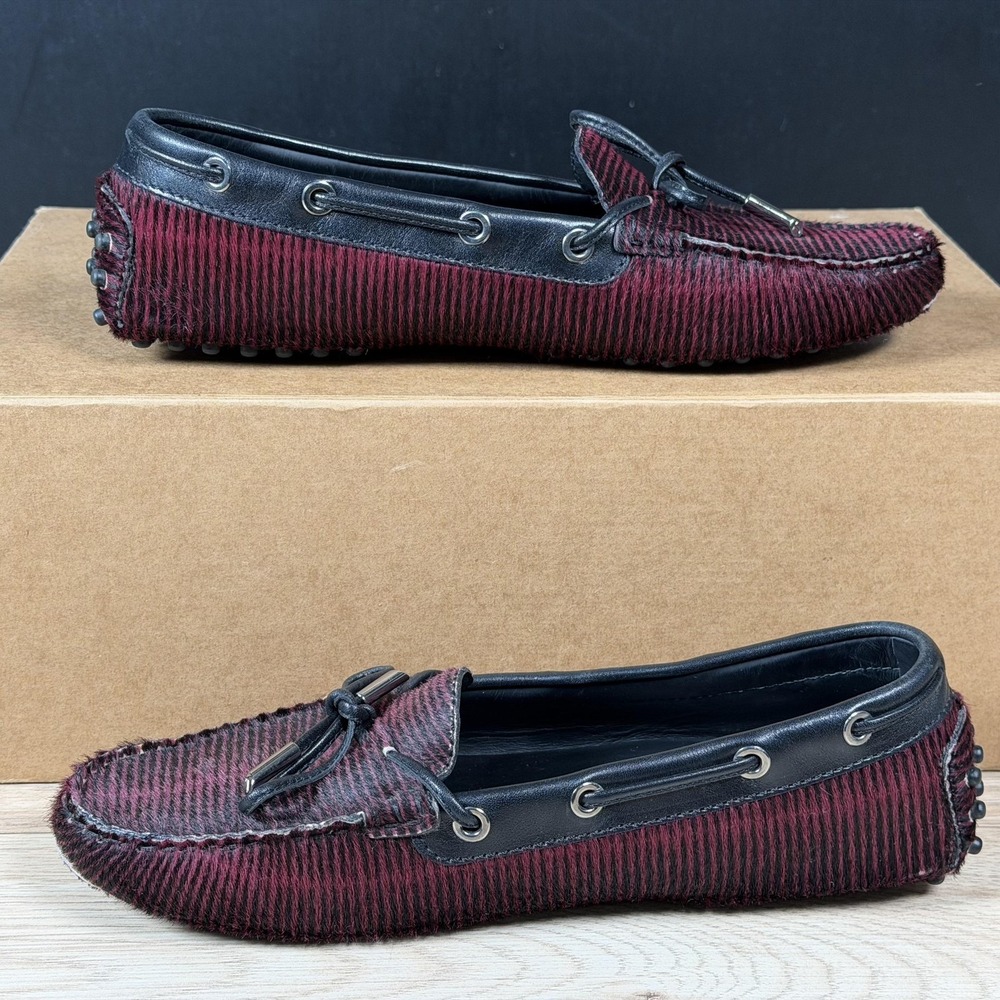 Tods Gommino Driving Shoes Womens 8 Purple Black Pony Hair Striped Loafers Italy - Picture 2 of 11